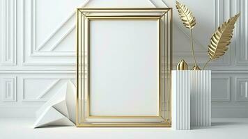 3D Composition of Blank Golden Photo Frame Mockup Near Golden Plant On Pedestal And Interior Wall Panels.