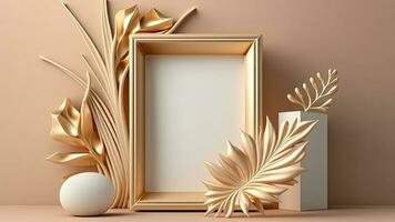 3d hacer de blanco marco Bosquejo con dorado Exquisito hojas tallos, pedestal. foto