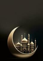 3D Render of Shiny Crescent Moon With Beautiful Carved Mosque On Night Background. Islamic Religious Concept. photo