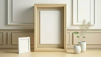 3D Render of Wooden Frames Mockup With Image Placeholder And Plant Pots On Classic Interior Wall Mockup. photo