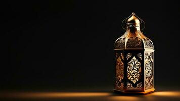 Realistic Illuminated Arabic Lantern On Black Background. Islamic Religious Concept. 3D Render. photo