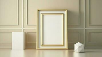 3D Render of Golden And White Photo Frame With Image Placeholder On Interior Wall Panels, Geometric Mockups.