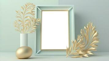 3D Render of Blank Rectangle Frame Mockup With Golden Leaves Branch, Plant Pot On Pastel Cyan Background. photo