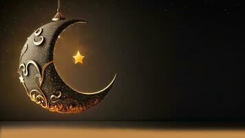 3D Render of Exquisite Crescent Moon With Hanging Golden Shiny Star. Islamic Religious Concept. photo