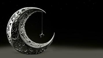 3d hacer de plata Exquisito creciente Luna con colgando estrella en negro antecedentes. islámico religioso concepto. foto