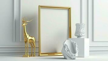 3d hacer de blanco dorado foto marco con reno figurilla, decorativo objetos en clásico interior pared burlarse de arriba.