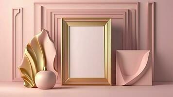 3D Render of Golden Rectangle Frame Mockup With Image Placeholder, Clay Modelling Abstract Elements On Pink Interior Wall Panels. photo