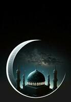 3D Render of Crescent Moon With Beautiful Mosque On Night Background. Islamic Religious Concept. photo