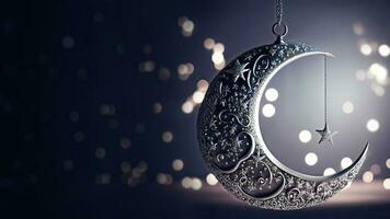 3D Render of Exquisite Crescent Moon And Hanging Star On Bokeh Background. Islamic Religious Concept. photo