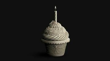 Black And White Cupcake With Lit Candle On Black Background. 3D Render. photo