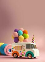 3D Render, Fantasy Colorful Food Truck of Candyland On Pink Background. photo