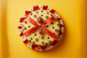 3D Render, Top View of Realistic Beautiful Cake On Yellow Background. photo