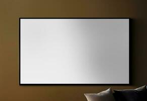 3D Render of Blank White Board or Banner Mockup And Realistic Cushions On Brown Background. photo