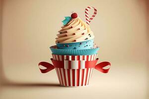 3D Render, Colorful Cupcake Wrapped With Red Ribbon. photo