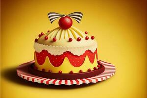 3D Render, Beautiful Colorful Cake of Amusement Park Theme Against Yellow Background. photo