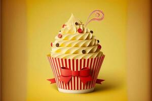 Paper Cupcake With Red Bow Ribbon On Yellow Background. 3D Render. photo