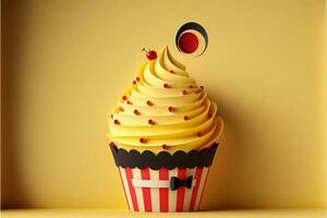 Paper Cut Cupcake On Yellow Background. 3D Render. photo