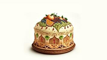 3D Render, Beautiful Decorative Fruit Cake. photo