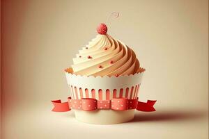 Paper Cut Cupcake Wrapped With Red Dots Ribbon. 3D Render. photo