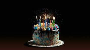 Realistic Birthday Cake Decorated With Colorful Sprinkles And Lots Of Lit Candles. photo