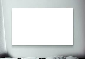 Blank White Canvas or Banner Mockup On Gray Concrete Wall Background. 3D Rendering. photo