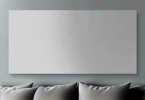 3D Render of Blank Canvas or Display, Banner Mockup And Gray Cushions. photo