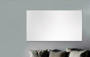 3D Render of White Canvas or Poster Mockup With Copy Space Against Gray Wall And Abstract Pattern Cushions. photo