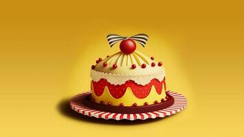 3D Render, Beautiful Colorful Cake of Amusement Park Theme Against Yellow Background. photo