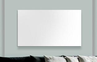 Blank White Canvas or Banner Mockup On Wall Background And Cushions. 3D Rendering. photo