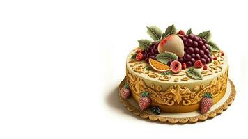 3D Render, Beautiful Cake Decorated With Fruits. photo