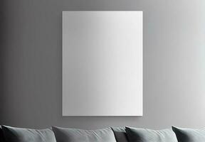 3D Render of Blank Canvas or Frame, Template Mockup And Realistic Gray Cushions. photo