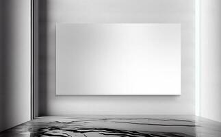 blanco lienzo, tablero o bandera Bosquejo en interior pared y mármol fluido piso. 3d representación. foto