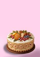 3D Render, Realistic Beautiful Cake Decorated With Fruits. photo