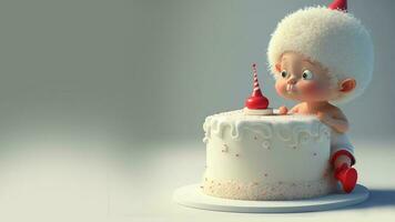 3D Render, Baby Birthday Cake With Toy On Glossy Light Gray Background. photo