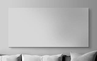 3D Render of Blank Canvas or Frame, Banner Mockup On Interior Wall And Cushions. photo