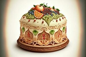 3D Render, Beautiful Decorative Fruit Cake. photo