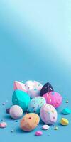 Illustration of Colorful Paper Easter Eggs On Blue Background And Copy Space. Happy Easter Day Concept. photo