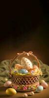 3D Render Of Glowing Easter Egg Floral Basket With Silk On Wooden Texture Background And Copy Space. Happy Easter Day Concept. photo