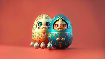 Cute Baby Rabbit Inside Eggshell Or Matryoshka Doll Against Orange Background And Copy Space. Happy Easter Day Concept. photo