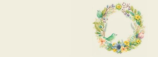 Illustration Of Colorful Cute Birds Character On Floral Circular Frame Against Cosmic Latte Background And Copy Space. photo