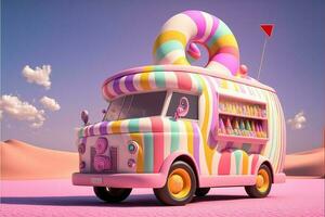 3D Render, Fantasy Colorful Food Truck of Candyland. photo