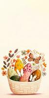 plano estilo linda mariposa personaje con Pascua de Resurrección huevos floral cesta y Copiar espacio. contento Pascua de Resurrección día concepto. foto