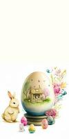 ilustración de naturaleza paisaje casa en huevo forma cristalería con flores, mariposa y Conejo personaje para contento Pascua de Resurrección día concepto. foto