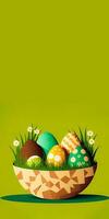 3D Render of Floral Easter Eggs Bowl Against Olive Green Background And Copy Space. Happy Easter Day Concept. photo