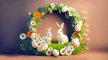 3D Render of Two Rabbits Character Against Circular Floral Frame With Eggs On Pastel Pink And Purple Background. Happy Easter Day Concept. photo