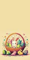 plano estilo vistoso linda bebé conejos caracteres con huevos dentro cesta y corazón formas y Copiar espacio. contento Pascua de Resurrección día concepto. foto