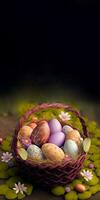 3D Render of Colorful Easter Eggs Basket With Flower And Leaves On Brown Background And Copy Space. Happy Easter Day Concept. photo