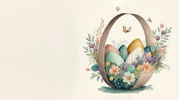 ilustración de floral huevo cesta con mariposa personaje y Copiar espacio. contento Pascua de Resurrección día concepto. foto