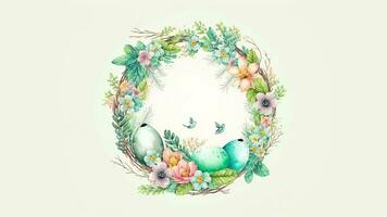 plano estilo vistoso huevos en floral circular marco con volador pájaro personaje en contra cósmico latté antecedentes y Copiar espacio. foto