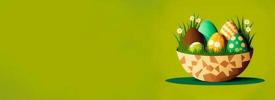 3D Render of Floral Easter Eggs Bowl Against Olive Green Background And Copy Space. Happy Easter Day Concept. photo